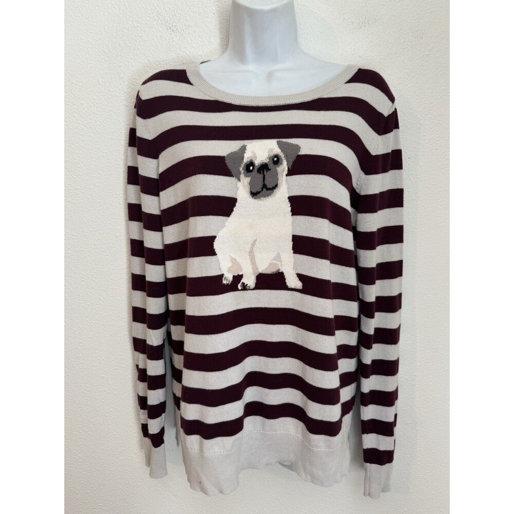 LOFT Womens M Pug Dog Sweater Burgundy Gray Striped Pullover Crewneck Fall